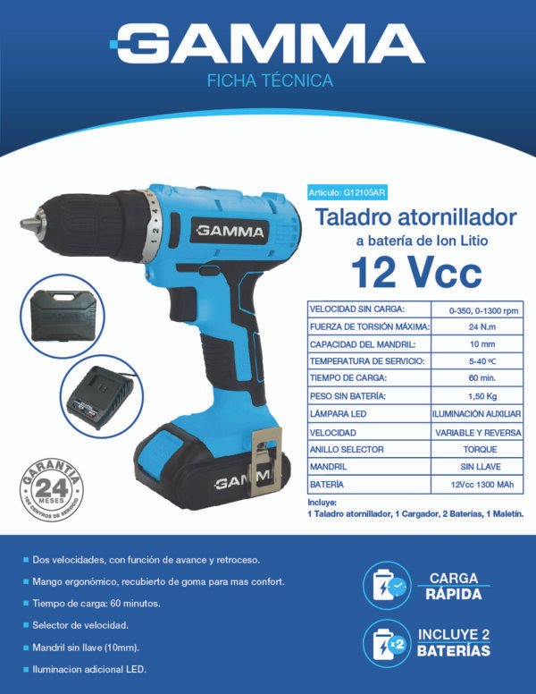 Taladro atornillador a batería de ion litio 12 vcc - G12105AR - Imagen 2