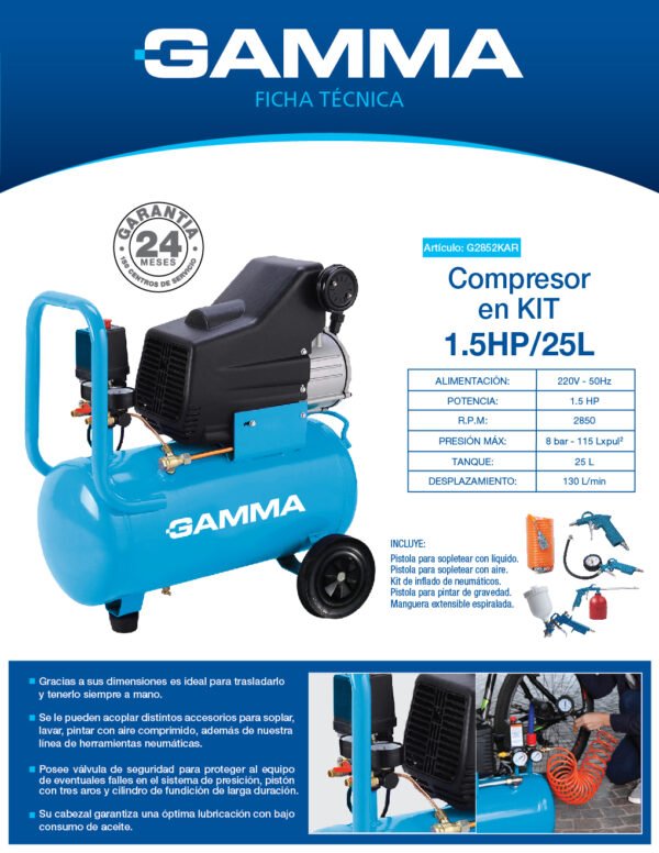 Compresor en KIT 1,5 HP / 25 L - G2852KAR - Imagen 2