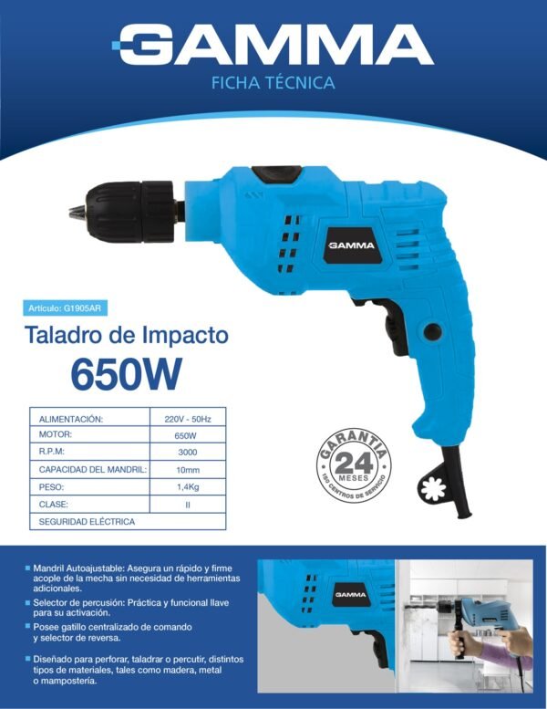 TALADRO PERCUTOR C/REVERSA 650W - G1905AR - Imagen 2