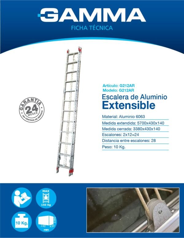 ESCALERA ALUMINIO EXTENSIBLE 2 X 12 - G212AR - Imagen 2